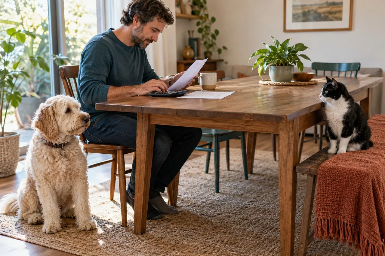 Owner reviewing papers at a dining table with a dog and cat nearby